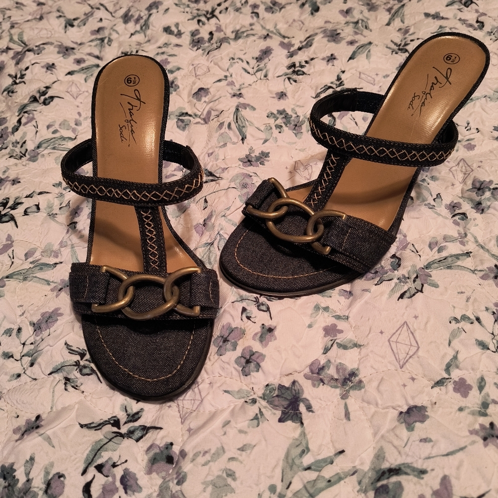 Denim Sandals With Brass Chain Details Size 6.5 with 3.5" heel height